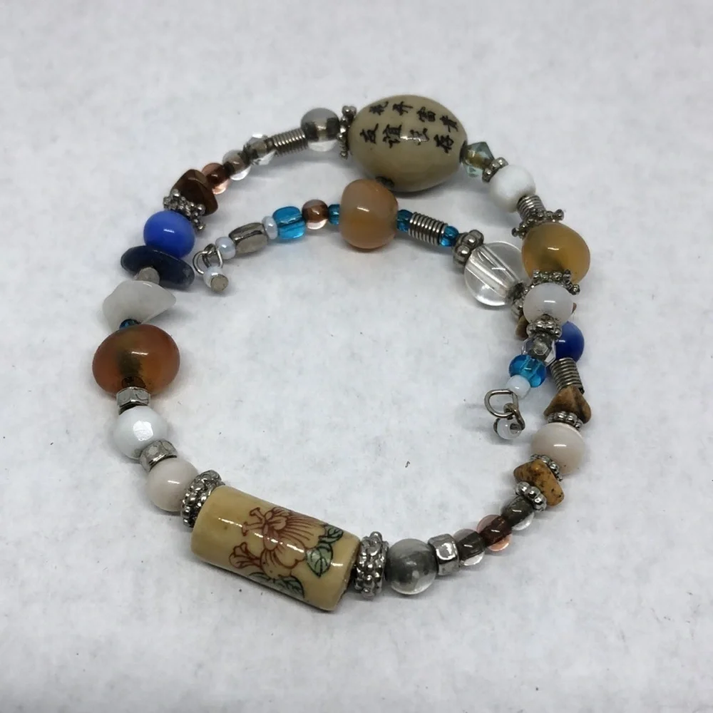 ARTISAN handmade Asian ceramic beads memory coil bracelet boho layering